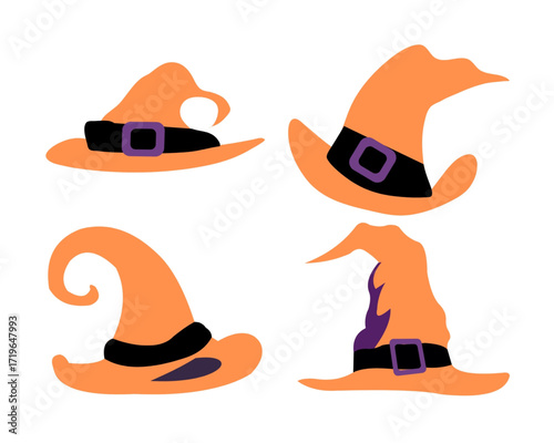 A whimsical collection of four orange witch hats, a festive symbol for Halloween celebrations and fantasy themes, isolated vector illustration