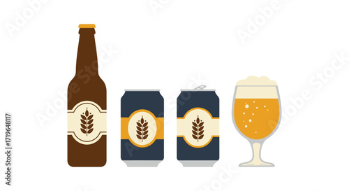 Brown beer bottle two cans and frothy glass of beer beverage alcohol drinks beverage presentation isolated on white background