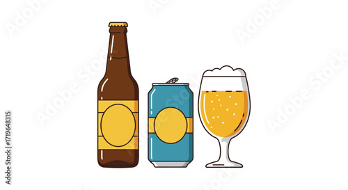 Refreshing beer bottle can and glass icons symbolizing beverage and celebration isolated on white background