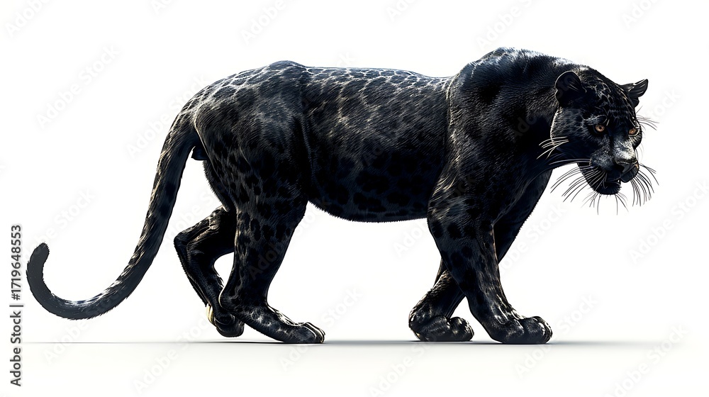 Fototapeta premium Majestic Black Panther Stalks Isolated White Background