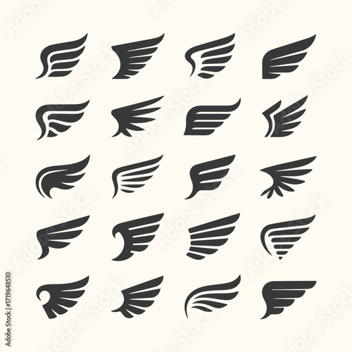Vector art of collection of 20 different wing icons, graphic design elements
