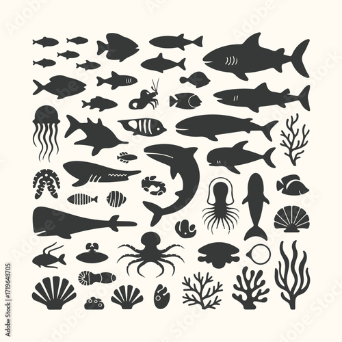 Vector art of a collection of diverse marine life silhouettes, including sharks, fish, jellyfish, octopuses, and coral, isolated on a