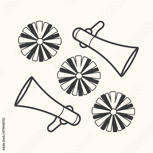 Vector art of a simple black and white line drawing of two cheerleading megaphones and three pompoms scattered on a light cream background, evoking a sense of school spirit and athletic events