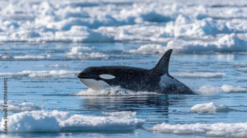 Obraz premium Killer Whale Surfacing Through Icy Arctic Waters in Dramatic Wildlife Scene