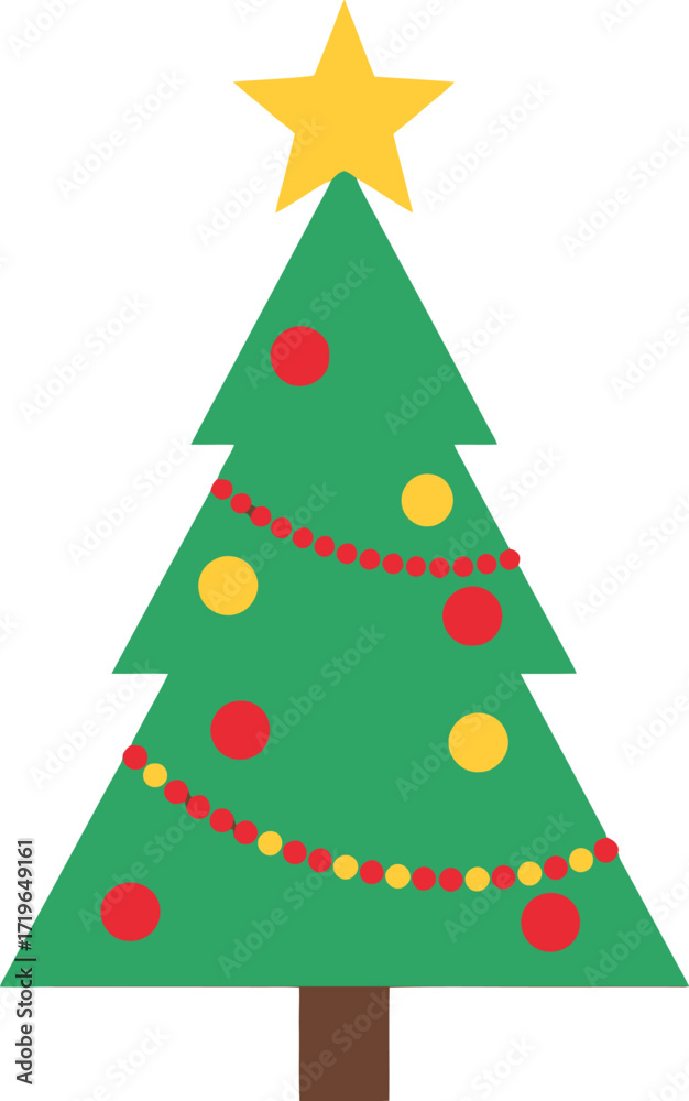 Naklejka premium Festive green Christmas tree illustration adorned with red and yellow baubles and a shining yellow star on top, perfect for holiday greetings and seasonal decorations