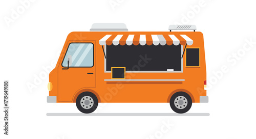 Vibrant orange food truck with striped awning and service window ready for business isolated on white background