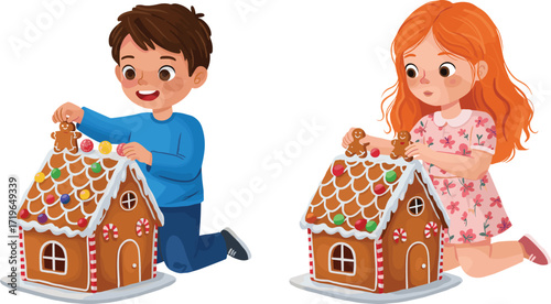 Kids decorating gingerbread house with candy and cookies, Christmas holiday fun, festive winter tradition, sweet creative activity, children enjoying together