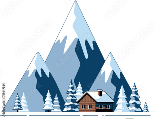 Cozy cabin nestled among snow-covered pine trees with majestic mountains in the background on a winter day