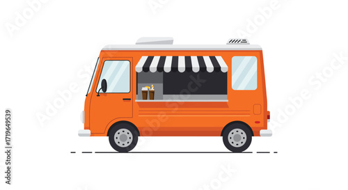 Bright orange food truck offering delicious street food services and mobile culinary experiences isolated on white background