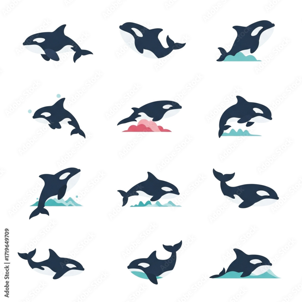 Fototapeta premium Collection of Stylized Orca Whale Illustrations in Various Poses and Actions.