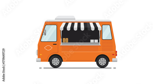 Bright orange food truck with striped awning serving delicious street food options isolated on white background