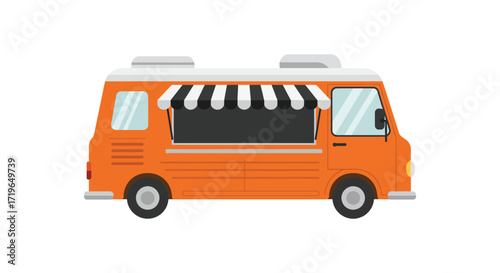 Bright orange food truck with striped awning ready for business and serving delicious street food isolated on white background