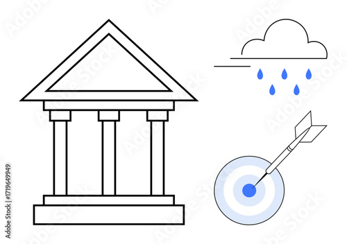 Government building, rain cloud, and bullseye with arrow emphasize law, climate action, success. Ideal for governance, sustainability, policy strategy focus law enforcement education. Simple flat