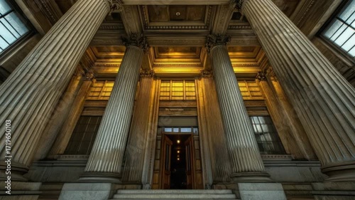 Grand neoclassical government building with tall marble columns photographed at dusk symbolizing law, power, and authority.