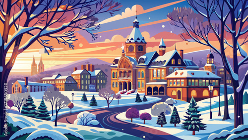 Very beautiful panorama Harrogate Stray in Winter reveals frosted trees glistening under pale sunlight, snow-covered paths weaving gracefully, crisp air shimmering with quiet charm, and distant roofto