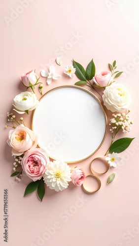 Elegant floral arrangement with blank round frame on pastel backdrop