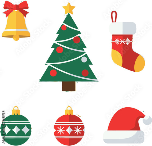 Christmas Festive Icons Bells, Tree, Stocking, Ornaments, and Hat