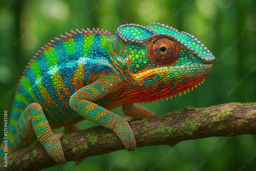 Fototapeta premium Vibrant Chameleon Portrait on Jungle Branch