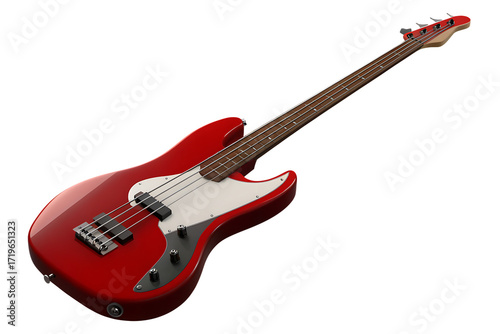Red electric bass guitar on white background isolated on a transparent background