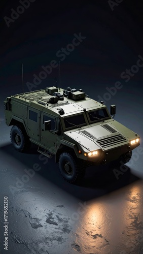 Modern military vehicle in olive drab showcased in atmospheric lighting