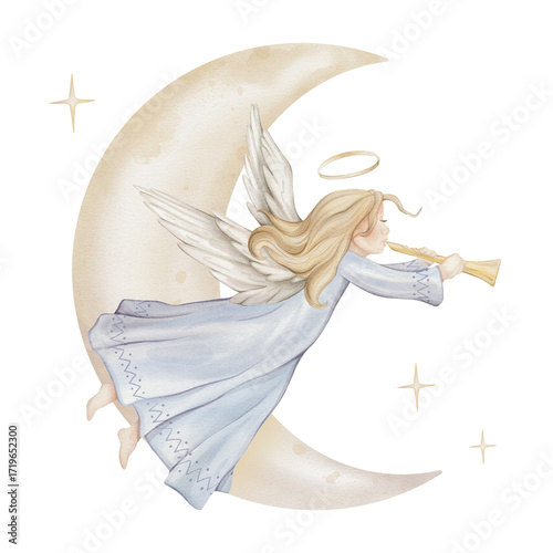 Christmas composition with angel trumpets with light hair and nimbus on moon. Watercolor illustration Christian Nativity angel with wings and stars isolated on background for baptism invitation.