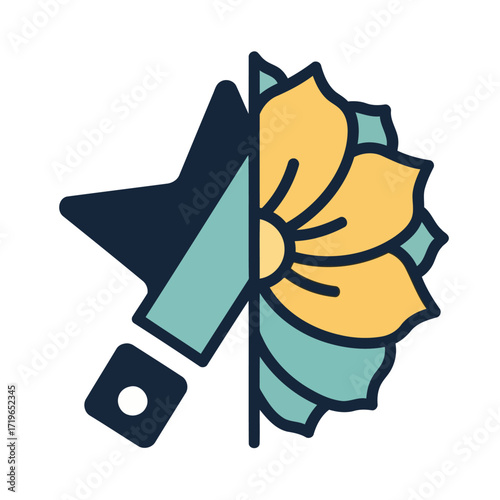 Minimalist vector icon representing the duality concept, a creative split symbol balancing a geometric star and an organic flower