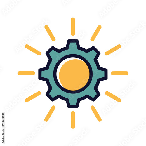 Flat vector design icon illustrating the duality of mechanics and creativity, with a cogwheel and light rays