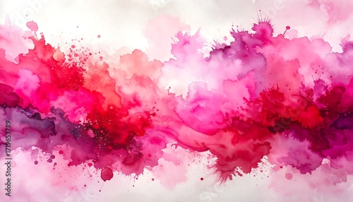 A vibrant watercolor artwork displays a dynamic interplay of pinks, reds, and purples, with splatter effects adding depth and texture.