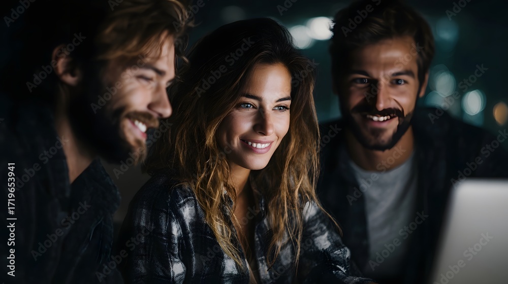 Fototapeta premium A diverse group of young friends or colleagues two men and a woman smile and engage with a laptop screen in a collaborative evening setting