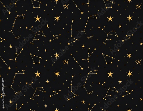 A celestial pattern of golden constellations against a dark background