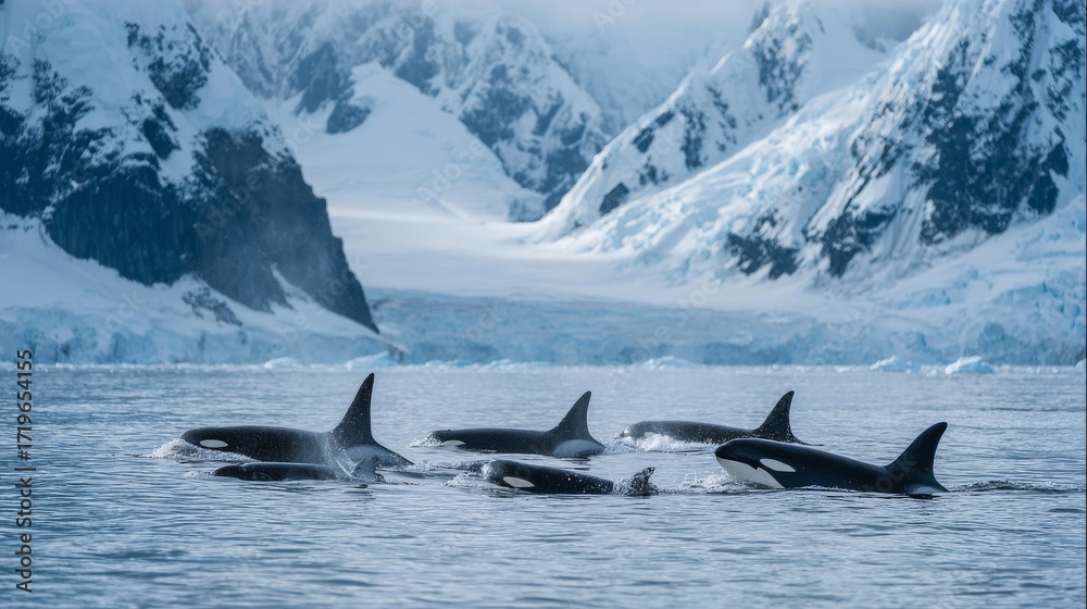 Fototapeta premium Orca Family Swimming Together in Cold Northern Ocean