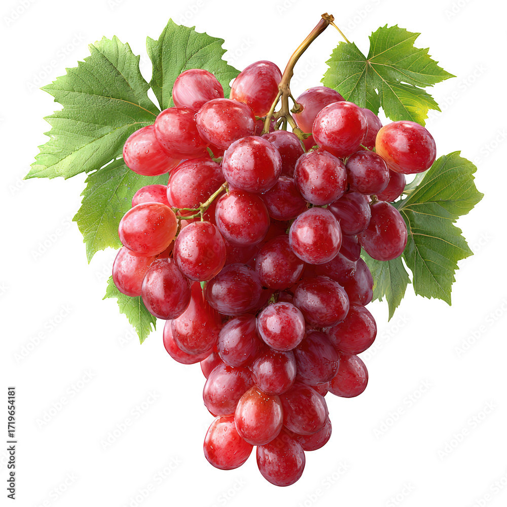Fototapeta premium Fresh Red Grapes with Green Leaves Isolated on White Background Perfect for Food and Nutrition Themes