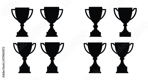 Collection of eight silhouette trophy icons representing achievement and victory award symbols isolated on white background