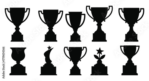 Collection of diverse trophy silhouettes representing victory achievement and award recognition isolated on white background
