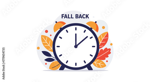 Fall back clock time change autumn leaves seasonal transition reminder graphic isolated on white background