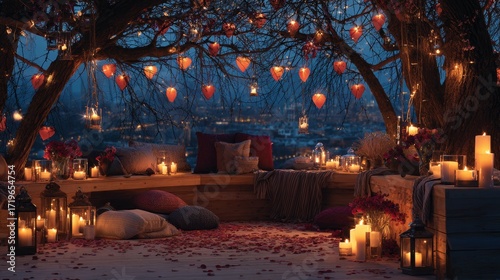 Cozy outdoor lounge with candles and lanterns under heart-lit tree at twilight