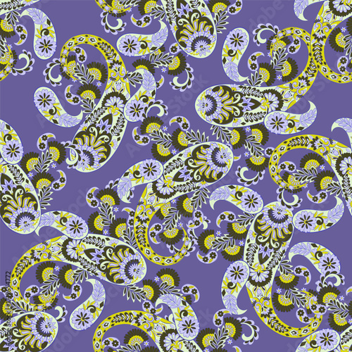 Colorful Paisley wallpaper. Vector Indonesian batik. Bright classic indian fabric. Paisley wallpaper. Ethnic background with paisley and stylized flowers. For textile, cover, wrapping paper, fabric