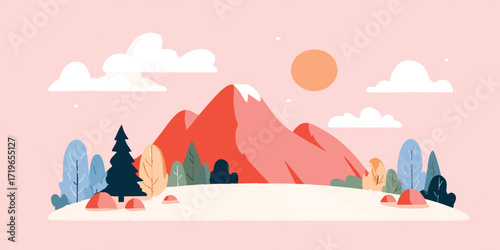 An artistic scene depicts a serene mountain landscape, with stylized elements creating a visually captivating and imaginative environment.