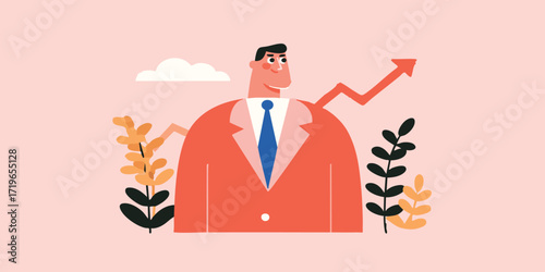 A determined businessman stands at the forefront, an upward arrow signaling continuous growth and forward motion. Surrounding him are symbolic elements of nature.