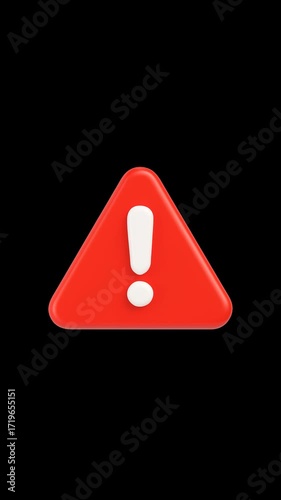 3D red triangular alert icon with exclamation mark appears on black background. Vertical animation for warnings, errors, security alerts, safety messages, system notifications and digital interfaces