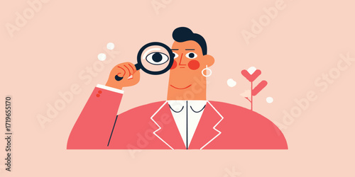 A curious individual peer through a magnifying glass, examining a hidden detail, embodying scrutiny and focused observation in an illustrative style. 