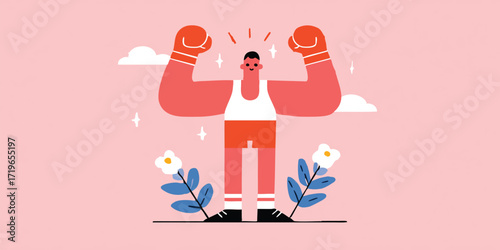 A triumphant boxer, exuding strength and confidence, stands tall in a graphic illustration, celebrating his victory amidst a backdrop of stylized elements.