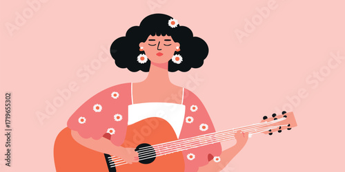 A serene illustration of a woman lost in the melody, gracefully playing her guitar. Bathed in soft, inviting colors, this image captures the essence of artistic expression and introspective joy.