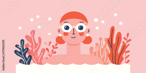 An illustration of a female swimmer in a pool, surrounded by colorful coral, radiates a sense of peace, joy, and the refreshing embrace of water.
