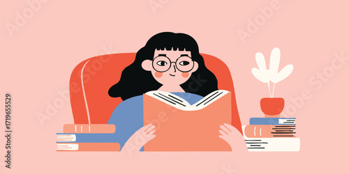 A young woman immersed in the pages of a book, sitting in a cozy chair. surrounding by books and potted plant. she reading in a comfortable atmosphere.