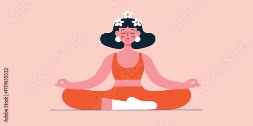 A serene illustration of a woman in a meditative pose, adorned with flowers, radiating a sense of peace and mindfulness.