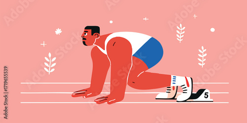 A determined athlete crouches in a sprinter's starting position, ready to explode with power and speed on the track, visualizing the focus, determination.