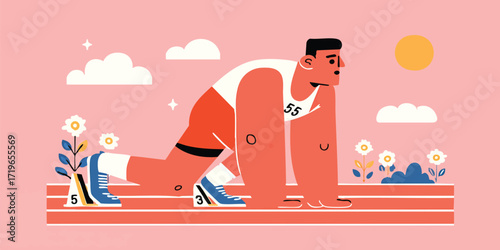 A dynamic illustration of a muscular athlete is set to burst from the starting blocks. Showcasing the raw power and explosive energy of a sprinter.