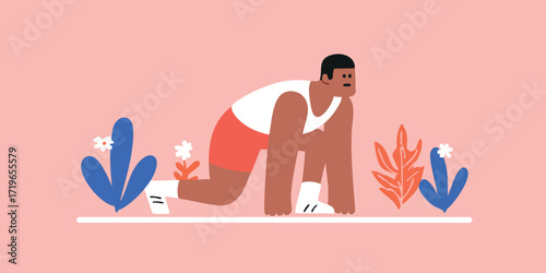 An athlete prepares to sprint, showcasing a graphic, illustration-style art piece of a runner at the starting line amidst floral and botanical elements, creating a vibrant and dynamic scene.