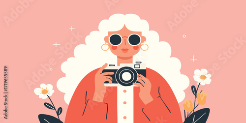 A vibrant illustration of a female photographer holding a camera. The artwork's soft hues create a delightful and approachable feel, making the subject matter welcoming and friendly.
